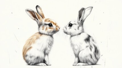 Obraz premium A beautifully detailed illustration of two adorable rabbits facing each other, representing themes of love, connection, and the beauty of nature in a charming, artistic style.