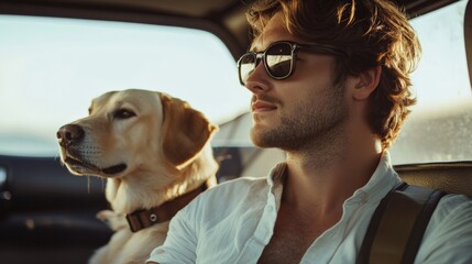 Handsome dark-haired man with curly hair and dark glasses traveling by car with dog