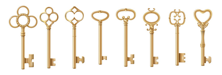 Gold coated realistic keys set with luxury designs. Vector vintage metal devices with notched blade. Various shapes and sizes of passkey collection. Simple retro design of golden lockpicks