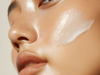 A close-up of moisturizing cream swatch applied to the cheek of young woman with radiant skin, product swatch