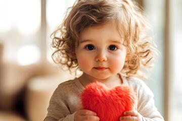 Valentine's day greeting and funny gift. Serious face cute toddler girl with fluffy heart in hands. Toddler smile. Funny expressions. Love-themed child photo. Sweet emotions. Child with gif.