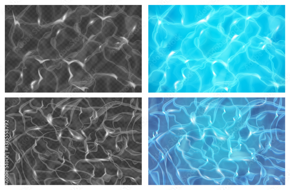 Poster Rippling water surface with glare, reflections and waves. Vector realistic set of texture backgrounds for swimming pool, sea and ocean. Summertime vacation and marine seascape design top view