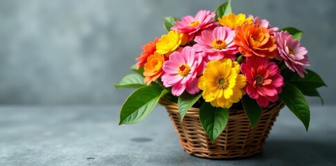 Basket filled with vibrant mimosa flowers on concrete surface, mimosa, contrast, arrangement