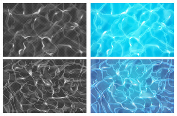Rippling water surface with glare, reflections and waves. Vector realistic set of texture backgrounds for swimming pool, sea and ocean. Summertime vacation and marine seascape design top view