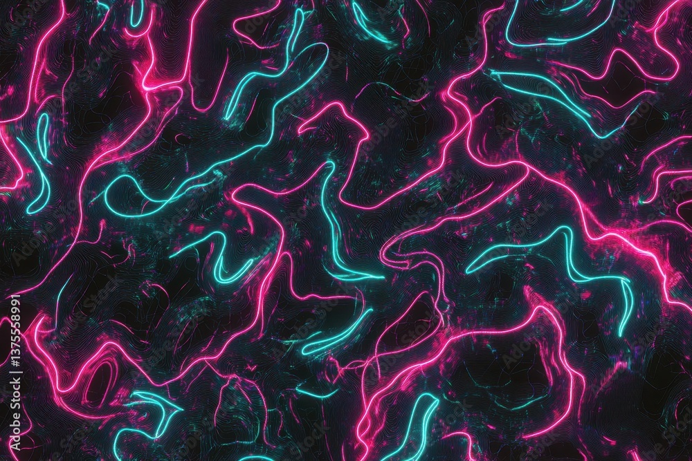 Poster Glowing neon pattern undulating over a black background in vibrant colors and fluid shapes, glowing neon pattern moving over black background