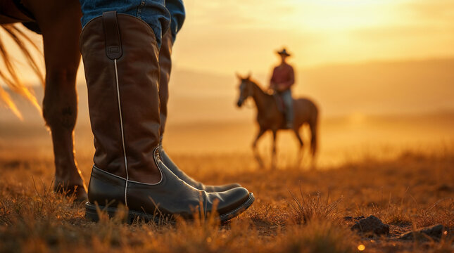 Llanero venezolano a caballo en los llanos al atardecer con primer plano de botas