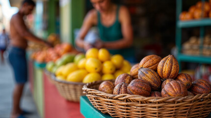 Mercado callejero en Costa Rica con variedad de frutas tropicales y cacao fresco