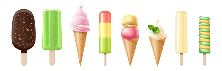 Gelatos on stick and in cones, isolated fruity ice cream and with chocolate coat and pieces of nut. Dessert in restaurant or diner, shop or store. Summertime products and seasonal menu of cafe