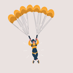Cartoon vector illustration of a woman landing with a parachute, symbolizing adventure, thrill, and the excitement of overcoming challenges.