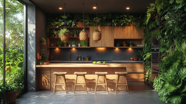 Serene Kitchen Oasis: A modern kitchen merges seamlessly with nature, boasting wooden cabinetry, lush greenery, and a tranquil atmosphere, creating a harmonious blend of indoor and outdoor living.