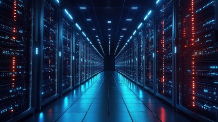 Futuristic Data Server Room with Neon Lights and Abstract Network for AI and Big Data Concepts