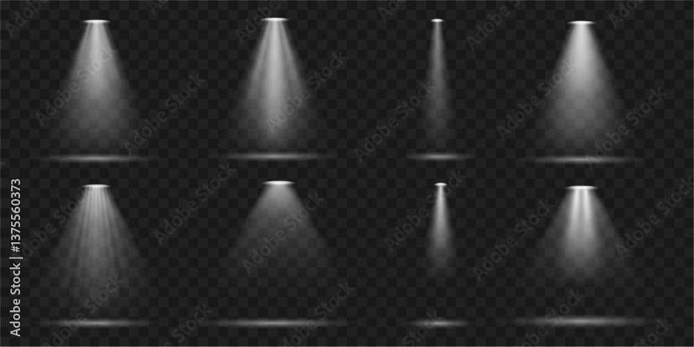 Poster Light from spotlight, soft illumination from bulb. Vector realistic style sparkle isolated on transparent background. Projector or theater scene illuminating, glowing natural bright rays