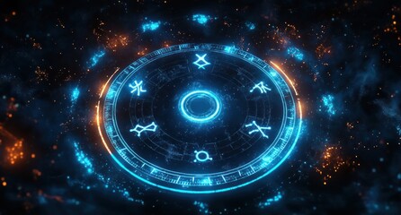 Zodiac Wheel Astrology Horoscope Cosmic Art with Signs and Star Particles in Neon Blue Aesthetic