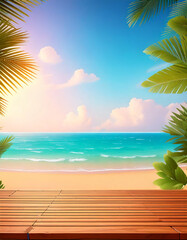 top of wood table with seascape and palm leaves, blur bokeh light of calm sea and sky at tropical beach backgroundpixar-style 3d cartoon, child-friendly style