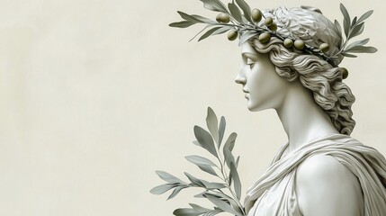 Athena with olive branch Easter crown, wisdom goddess, pale cream background