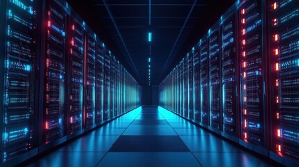Futuristic Data Server Room with Neon Lights and High-Tech Infrastructure for Big Data and AI Applications