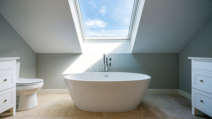 Fototapeta premium Modern bright bathroom with a skylight and freestanding tub