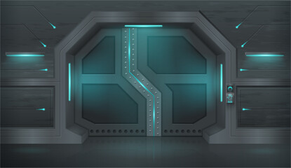 Gateway of spaceship or cosmos shuttle. Vector realistic style, entrance or exit from bunker. Game design of interior of secret laboratory. Doorway or corridor with metal protection and lights © Sensvector