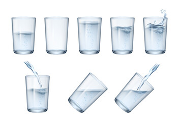 Empty and full tumblers, isolated set of glassware with bubbly liquids. Vector realistic glasses with spring water splashes. Aqua pouring into goblets. Organic and natural ingredient in dishware © Sensvector