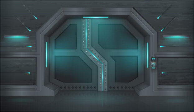 Gateway of spaceship or cosmos shuttle. Vector realistic style, entrance or exit from bunker. Game design of interior of secret laboratory. Doorway or corridor with metal protection and lights