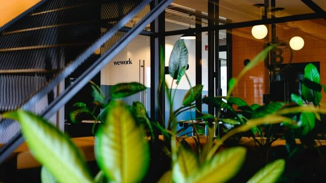 View of we work office interior with plants and glass doors and the staircase in the foreground