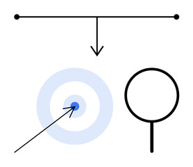 Thin arrow connecting structure to bullseye and magnifying glass emphasizes focus, analysis, choice, strategy, decision-making, research, and goals. Ideal for success, clarity vision flat simple