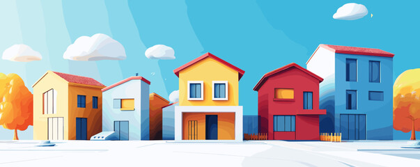 Naklejka premium Colorful residential neighborhood with modern houses in wintertime under clear blue sky, vector.