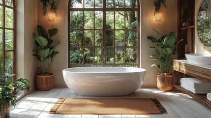 Fototapeta premium Tranquil Bathroom Oasis: Bathed in natural light, a luxurious bathtub beckons within a spa-like bathroom, seamlessly blending indoor comfort with the lush serenity of the outdoors.
