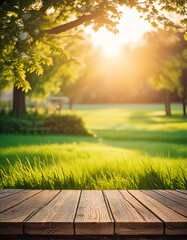 In spring with a green grass meadow, tree leaves and bright sunlight background with a rustic wooden bench to display products
