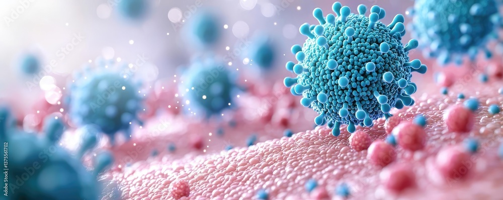 Poster blue exosome particles in biotechnology and medical concept. close-up view of colorful virus cells o