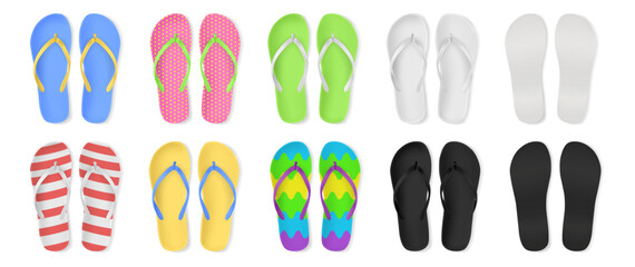 Slippers with open toes, isolated realistic flip flops collection. Vector lightweight footwears with prints, view from up and shoes soles. Pluggers for summertime vacation or holiday