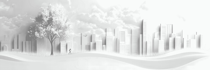 The person who knows. Tree, Achieve sustainable growth, World Environment Day. White eco urban city and nature landscape background paper art style.