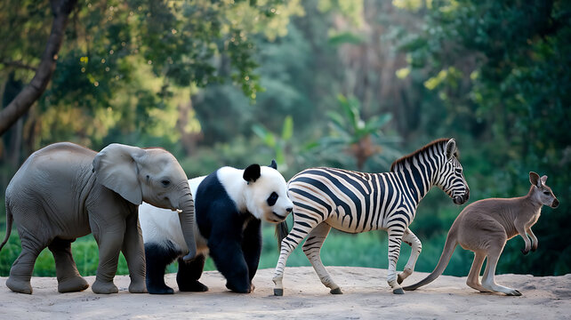 Diverse zoo animals elephant panda zebra kangaroo Wildlife park scene