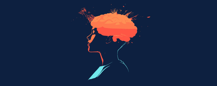 Surreal profile silhouette with exploding brain on dark background, conceptual art vector.