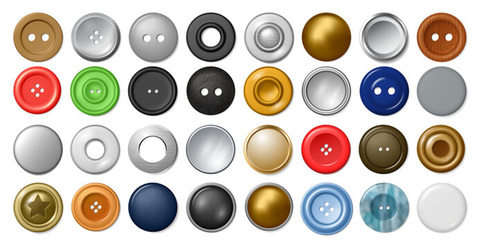 Metal and plastic buttons and smooth cylindrical shaft rivets for clothes. Vector realistic mechanical fasteners, denim accessory clasps collection. Copper and steel round clinch elements