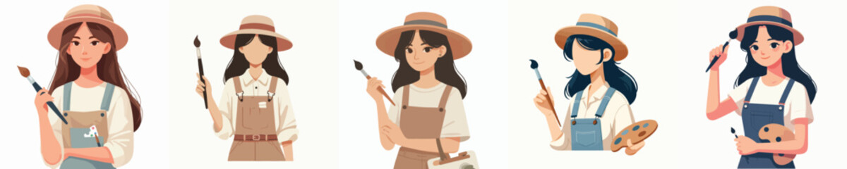 Vector of a young female artist holding a paintbrush