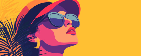 Stylish woman in sunglasses and hat with tropical vibe in pop art style - vector.
