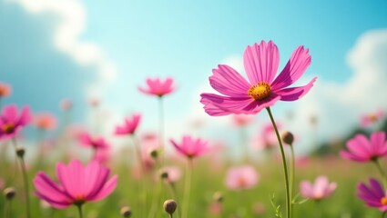 Pink Cosmos Flower Against a Clear Blue Sky, pink cosmos flowers, floral landscape, nature photography, spring bloom