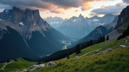 Obraz premium A detailed, high-quality photo of Susten Pass in Switzerland during dusk with cloudy weather, captured from an ordinary perspective, showing the mountains fading into the evening light.