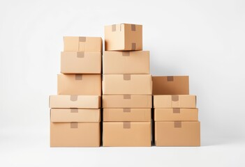 Fototapeta premium Neatly stacked brown cardboard boxes ready for recycling against a clean white backdrop, recycling, unblemished