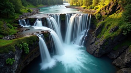 Fototapeta premium A high-quality rainy dawn photo of Trummelbach Falls in Switzerland, Europe, shot from above, showing the water and mist during a downpour.