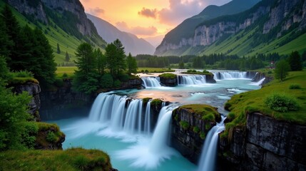 Fototapeta premium A high-quality rainy dawn photo of Trummelbach Falls in Switzerland, Europe, shot from above, showing the water and mist during a downpour.