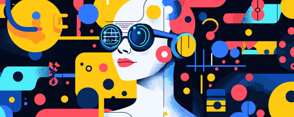 Fototapeta premium Futuristic female portrait with abstract geometric shapes and vr glasses - vector.