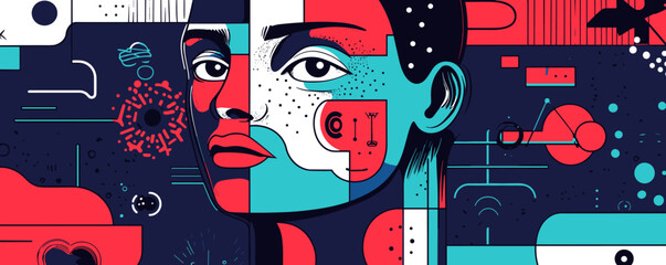 Abstract geometric portrait with bold colors and patterns - vector.
