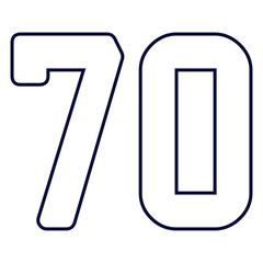 70 number classic american, college style font. Uniform letter in black with a black outside contour line. Vintage sport font.For jersey, t-shirt, basketball, baseball, football. Isolated vector