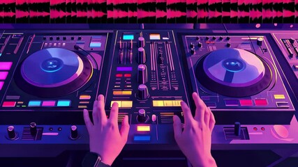 Dynamic DJ mixing beats on a professional mixer in an electrifying club atmosphere, dj mixing music on dj mixer, seamless ing video background, cartoon style
