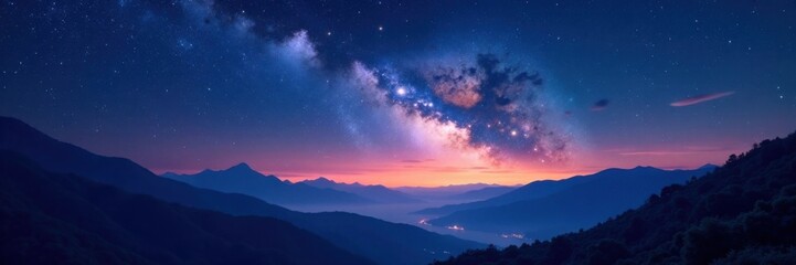 Fototapeta premium Celestial expanse with starry sky and silhouetted mountains, vastness, blackness