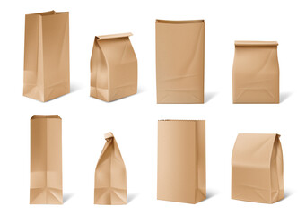 Paper bags, isolated craft package collection. Vector open and closed packs mockup for takeaway food or lunch meal, coffee or tea, sweets or snacks. Recyclable lightweight packaging