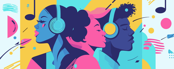 Fototapeta premium Colorful abstract portrait of three people listening to music with headphones - vector.