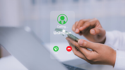 Human receives a phone call from an unknown number, Concept of scammers or strangers, Fraud and...